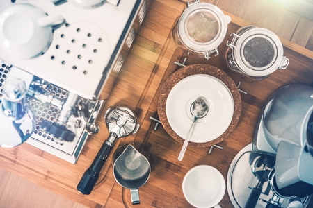 Coffee Espresso Preparing Table and Coffee Equipment. Top View.の写真素材
