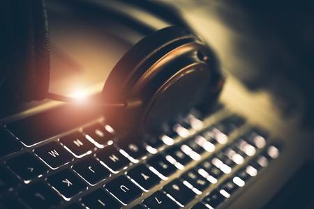 Audiophile Pro Headphones. High Quality Music Listening From Laptop Computer. Online Music Concept....