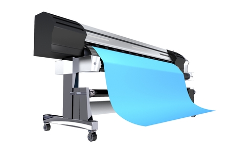 Isolated 3D Illustration of Wide Format Commercial Grade Printer. Wide Format Vinyl Banners...