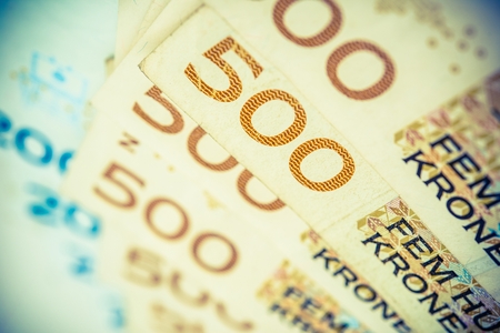Norwegian Krones. Five Hundred Krones Bills Closeup Photo.の写真素材