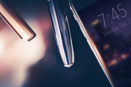Business Desk Phone and Fountain Pens. Glassy Corporate Desk. Time in Business Matter Conceptual...