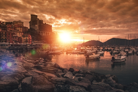 Castello di San Giorgio. Lerici Castle on the Rock Along with Lerici Cityscape. La Spezia Province. Italian Riviera.の写真素材