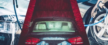 Car Wash Concept Mosaic Banner with Three Different Car Wash Photos.の写真素材