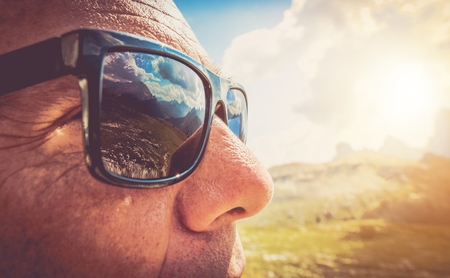 Caucasian Man in His 50s in the Trendy Black Sunglasses. Closeup Photo.の写真素材
