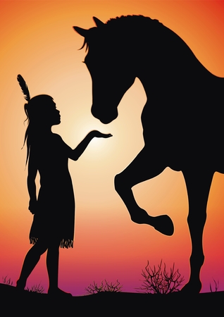 Magical Friendship with Animal. Little Native American Girl and the Wild Horse Illustration.の写真素材