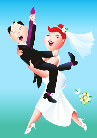Wedding and Marriage Concept Comic Illustration. Bride Carrying with Future Husband on Her Hands.の写真素材