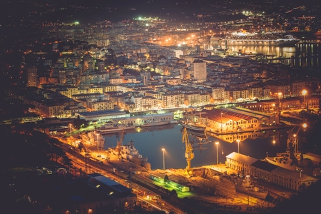 La Spezia Cityscape and Marina at Night. Liguria, Italy. Cruise Ship in the Marina.の写真素材