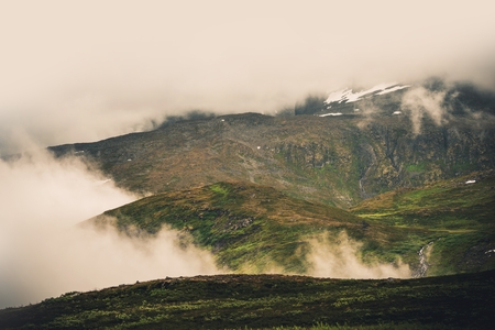 Foggy Norwegian Mountain Landscape During Summer. Norway, Europe.の写真素材