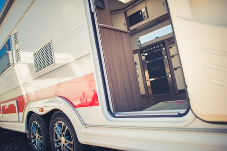 Modern Travel Trailer Camping Concept. RVing in Style