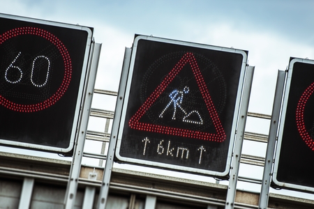 Electronic Traffic Signs. Road Work Construction Warning Highway Sign Display.の写真素材