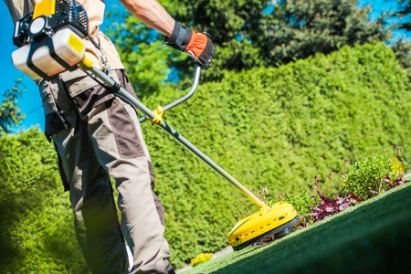 Gas String Trimmer Work. Caucasian Gardener with Power Tool in the Garden.