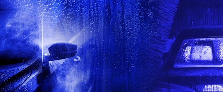 Car Washing Blue Banner Background with Water Drops. Conceptual Photo.の写真素材