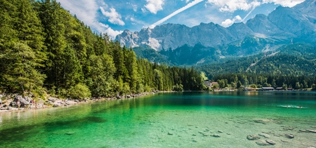 Scenic Bavarian Lake Eibsee, Germany, Europe. Panoramic Photo.のeditorial素材