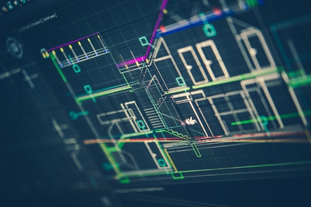 Architectural Technical Drawing on the Computer Screen. New House Design.