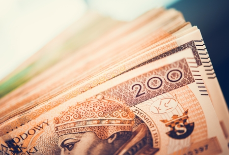 Polish Currency Banknotes. Business and Economy Concept Photo. Pile of Two Hundred Zloty Bills.の写真素材