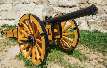Wooden Cannon Gun. Artillery that Launches a Projectile Using Propellant.の写真素材