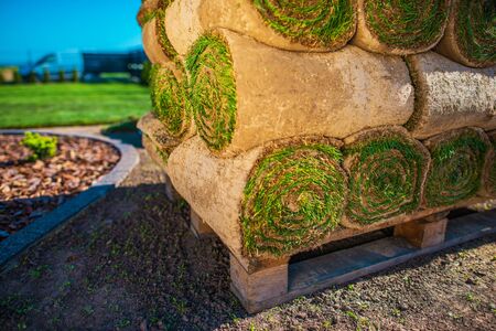 Pile of Grass Turfs Ready For Garden Installation. Landscaping Industry Theme.の写真素材