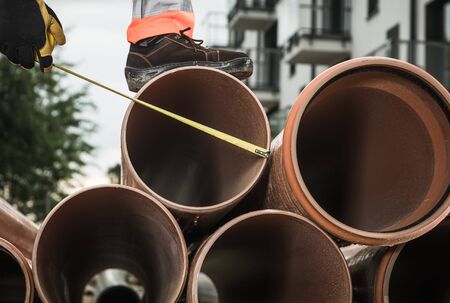 Large Sanitary Pipeline Installation. Construction Industry Theme. Foul Sewer.の写真素材