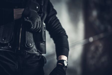 Security Guard Job Concept Photo. Tactical Vest Closeup.