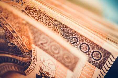 Polish Zloty Two Hundreds Banknotes Closeup Photo. Economy and Business Theme.