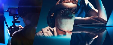 Web Video Content Creator Concept Banner. Caucasian Vlogger Making and Uploading Daily Video Blogs....