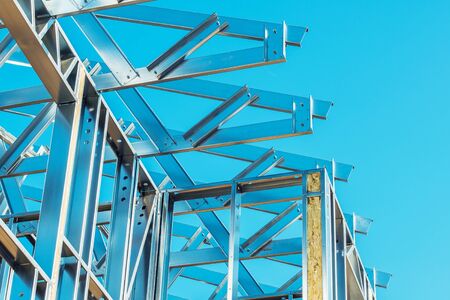 Skeleton Steel Building Construction Closeup. Modern Technologies. Industrial Theme.