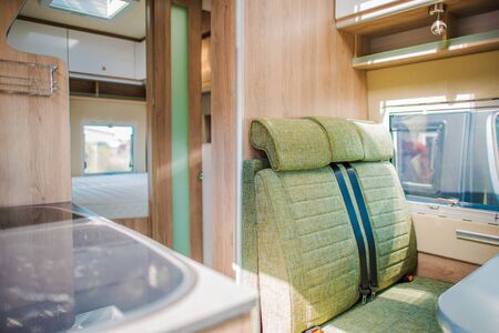 Inside Modern Camper Van. Elegant Motorhome Interior. RV Recreational Vehicle. Travel Industry.の写真素材