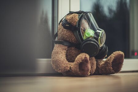 Close Up Of Teddy Bear Toy With Gas Mask Sitting On Table By Window.