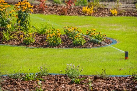 View Of Lawn Landscaping and Sprinkler System Watering Greenery Area. の写真素材