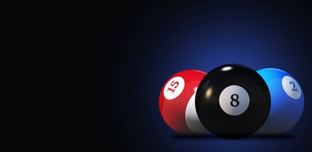 Close Up Of Red Black And Blue Pool Balls With Dark Blue Background.
