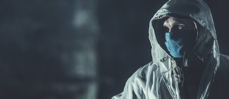 Covid Virus Pandemic Concept Banner with Men in Mask and White Hazmat Suit. Left Side Copy Space....