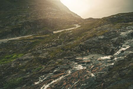 Scenic Scandinavian Route. Alpine Road in South West Norway. Norwegian Raw Rocky and Rainy...