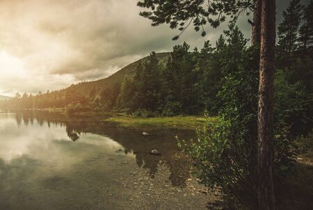 Scenic Lake Somewhere in the Norway. Calm Outdoor Place with Norwegian Landscape. Clean Water, Forest Line and the Mountains.の写真素材