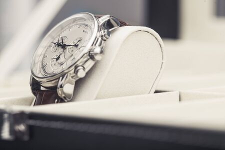 Pre Owned Luxury Hand Watch on Display. Stylish Timepiece Close Up. の写真素材