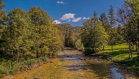 Peaceful And Relaxing Scenery With River Hills And Trees In Slovenia Countryside. の写真素材