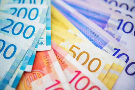 Close Up Of Different Denomination Of Norwegian Krone National Currency Banknotes.