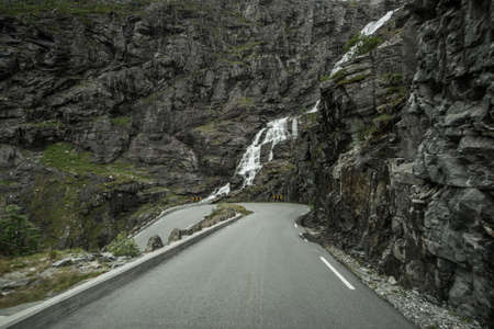 Trollstigen Scenic Road with Stigfossen Waterfalls. Norwegian Top Tourist Destination.の写真素材