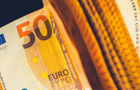European Currency Fifty Euros Banknotes. Euro Cash Money Close Up. Financial and Banking Theme.