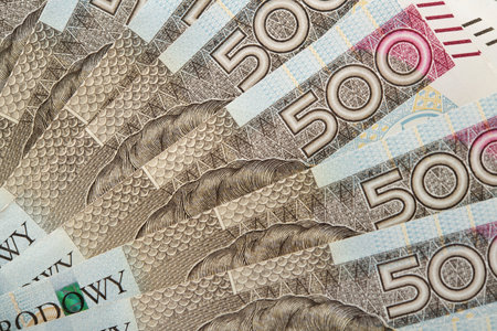 Bunch of Five Hundred Polish Zloty Banknotes Close Up. Business and Economy Theme. Republic of Poland Currency. Top Value Bill.の写真素材