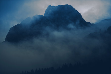 Foggy and Cloudy Alpine Wilderness Bluish Grading Background. Mountain Peak and Forestry Backdrop.