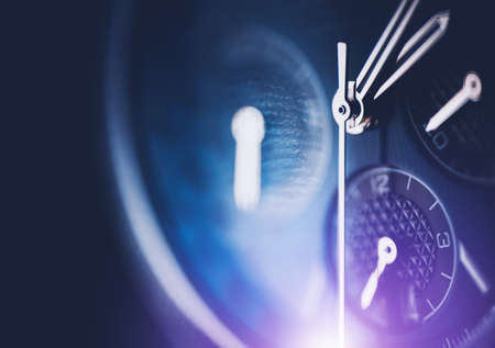 Elegant and Luxury Timepiece Hand Watch Close Up Theme. Bluish and Violet Illumination.の写真素材