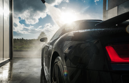 Powerful Pressure Washing Performance Car After Racing Day. Car Wash Theme. Automotive Industry.の写真素材