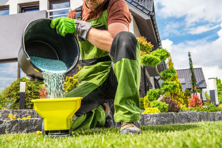 Caucasian Garden Worker Preparing Grass Lawn Fertilizer.の写真素材
