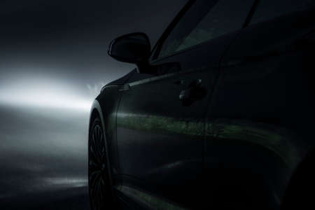 Driving in Foggy Weather During Night Hours. Road Driving Conditions. Automotive Theme.の写真素材