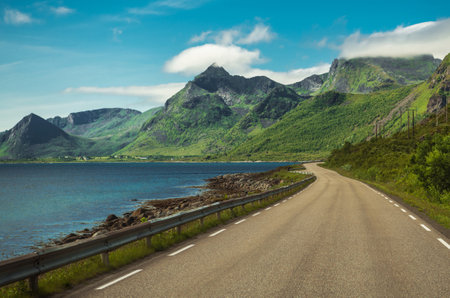 Norwegian Lofotens Archipelago Scenic Route Along the Seashore. Nordland Landscape.の写真素材