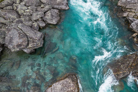 Crystal Clean Wilderness Turquoise River Fly Fishing Aerial Vista. Norwegian Vestland County.