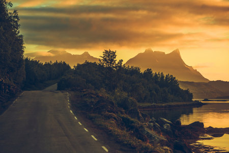 Scenic Norwegian Nordland Territory Road To Skutvik During Sunset. Northern Norway Landscape.の写真素材