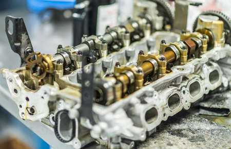 Car Engine Valves and Cumshafts. Automotive Gasoline Combustion Engine Repairing.