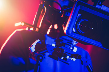 Caucasian Camera Operator Behind Modern Digital Cinema Equipment in Dark Blue Studio Light. Lens and...