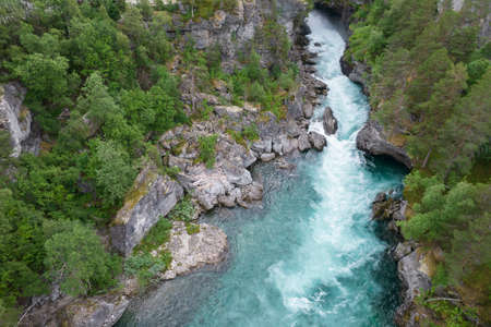 Scenic Aerial View of Norwegian Crystal Clear Glacial River. Vestland County, Norway Scenery.の写真素材